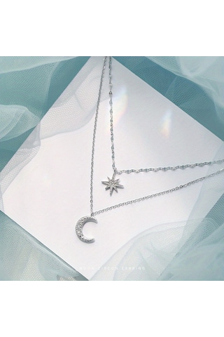 Tcherchi Gümüş Renk Yıldız Ay Çift Katmanlı Kolye Gümüş