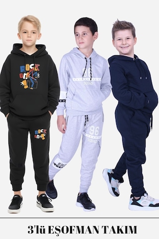 Fyk Kids Erkek Çocuk 3lü Kapüşonlu Kanguru Cepli Baskı Detaylı Eşofman Takımı Çok Renkli