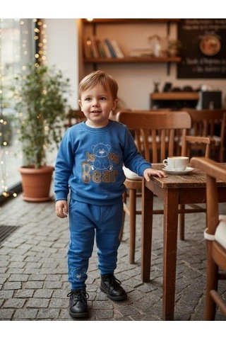 Zekids Erkek Bebek Pamuklu Ayıcıklı Eşofman Takım-16330 Mavi