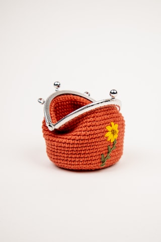 Fabric Craft Bag Bozuk Para Cüzdanı Klipsli Örgü, Çiçek Nakışlı Merserize İplik Kiremit