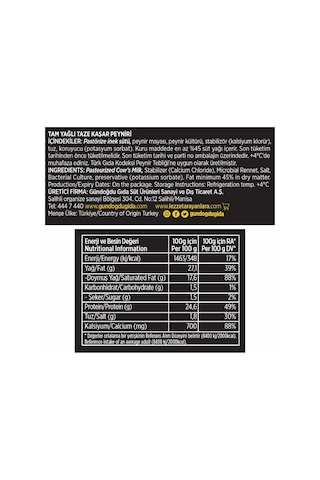 Gündoğdu Taze Kaşar Peyniri 700 G