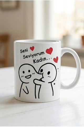 Çift Kupası Seni Seviyorum Kadın Yazılı Sevgiliye Eşe Özel Hediye Kalpli Kupa Bardak Özel Tasarımlı Beyaz