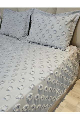 Ponpon Desenli 3 Parça Çift Kişilik Yatak Örtüsü Gri
