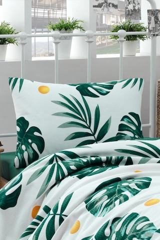 Tek Kişilik Doğal Pike Baskılı Monstera Yeşil Yeşil