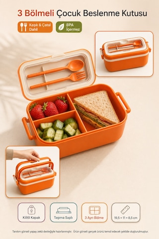 Turuncu 3 Bölmeli Çocuk Beslenme Kutusu Kaşık Çatal Dahil Kilitli Kapaklı Taşıma Saplı Lunch Box Diğer