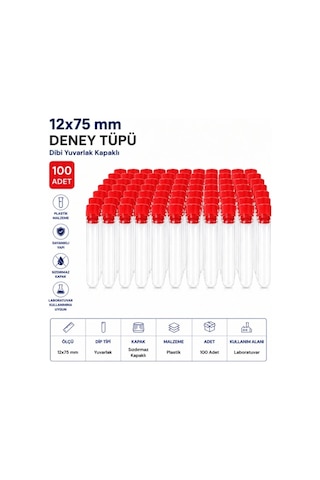 12x75 Mm Deney Tüpü Dibi Yuvarlak Kapaklı 100 Adet