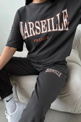 Marseille Baskılı T-shirt Eşofman Altı Jogger - Antrasit Alt Üst Takımı Oversize Bisiklet Yaka Gri