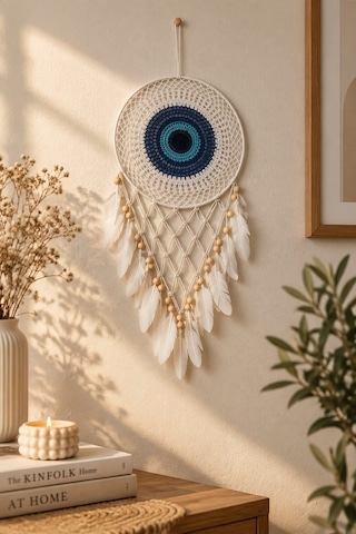Nazar Motifli Düş Kapanı Rüya Kapanı Dream Catcher Beyaz Tüylü Bohem Duvar Süsü Bohem El Yapımı Düş Kapanı 53035216