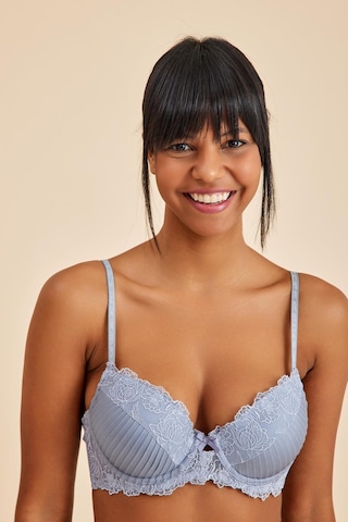 Paris Gri Mavi Balenli Dantelli Dolgulu Push-up Sütyen Mavi
