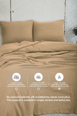 %100 Pamuk Müslin Yatak Örtüsü Tek Kişilik 4 Katlı Battaniye 2 Parça Müslin Pike Seti Bej Bej