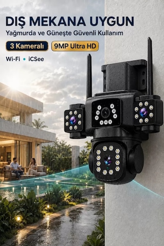 İcsee 9002 9mp 3 Lens Wifi Güvenlik Kamerası, Motorlu Gece Görüşlü Dış Mekan Kamera, 32gb Kart Ve Adaptör