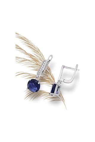 Brezza Lusso Jewelry Safir Taşlı Tektaş Pırlanta Sallantılı Kadın Gümüş Küpe 9 Mm