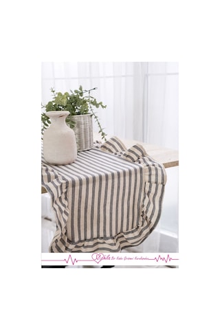 Gri Çizgili 40x125 Şık Tasarım Ekstra Büyük Fırfırlı Runner, %100 Keten Runner Bej