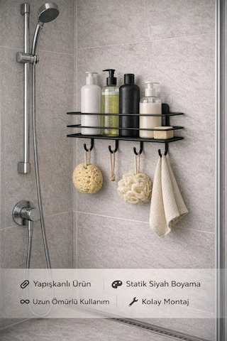 Alper Banyo Siyah Yapışkanlı 4 Kancalı Banyo Rafı Ve Havlu Askısı