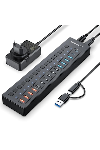 Acasis Ds516pb - 16 Port 5gbps Usb-a 3.0, Usb 2.0, Type-c 3.0, Akıllı Şarj Portu, Alüminyum Kasa, 60w Güç Adaptörlü, Led Işıklı, Usb / Type-c Çoklayıcı , Akıllı Şarj Hub Ds-516pb