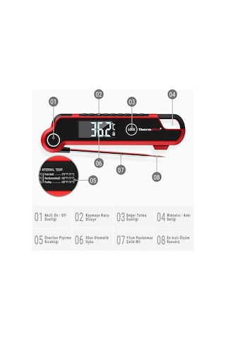 Thermopro TP620 Su Geçirmez Katlanabilir LED Ekranlı Gıda Pişirme Termometresi - T09416