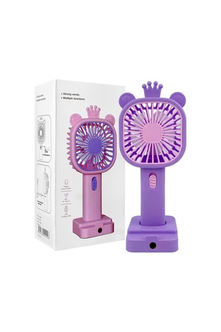 Şarj Edilebilir Fanlı Kulaklı Taçlı Kalemtraşlı Telefon Tutuculu Vantilatör - Mor