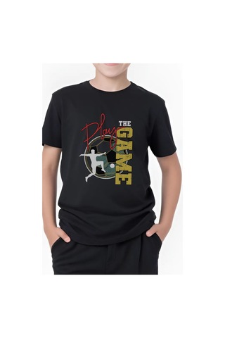 Panios Kids Play Game Baskılı Erkek Çocuk Kısa Kollu Yuvarlak Yaka T-shirt Siyah