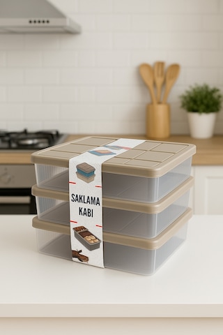 3 Lü Kapaklı Saklama Kabı Seti Geniş Hacimli, Buzdolabı Ve Gıda Uyumlu Mavi Renk Beyaz