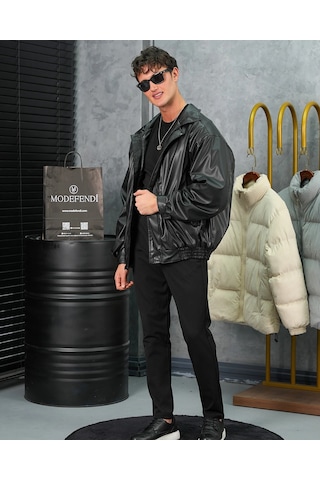 Modefendi Yüksek Kalite Bomber Oversize Deri Mont Siyah
