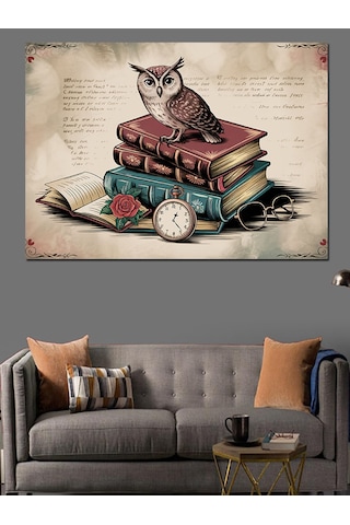 Kitap Üstünde Bilge Baykuş Dekoratif Kanvas - Mdf Ahşap Tablo