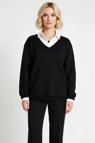 Benerly Kadın Polo Yaka Standart Kol Düz Desen Sweatshirt Fonksiyonel Day siyah