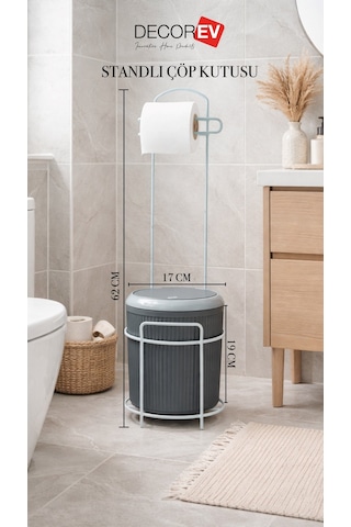 Decorev Modern Click Kapaklı 5 Lt Banyo Kovası Ve Tuvalet Kağıtlığı 2 Si 1 Arada Şık Tasarım Gri