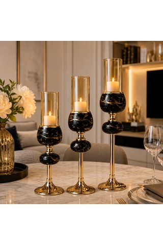 3'lü Siyah Mermer Desenli Gold Metal Dekoratif Cam Mumluk Şamdan