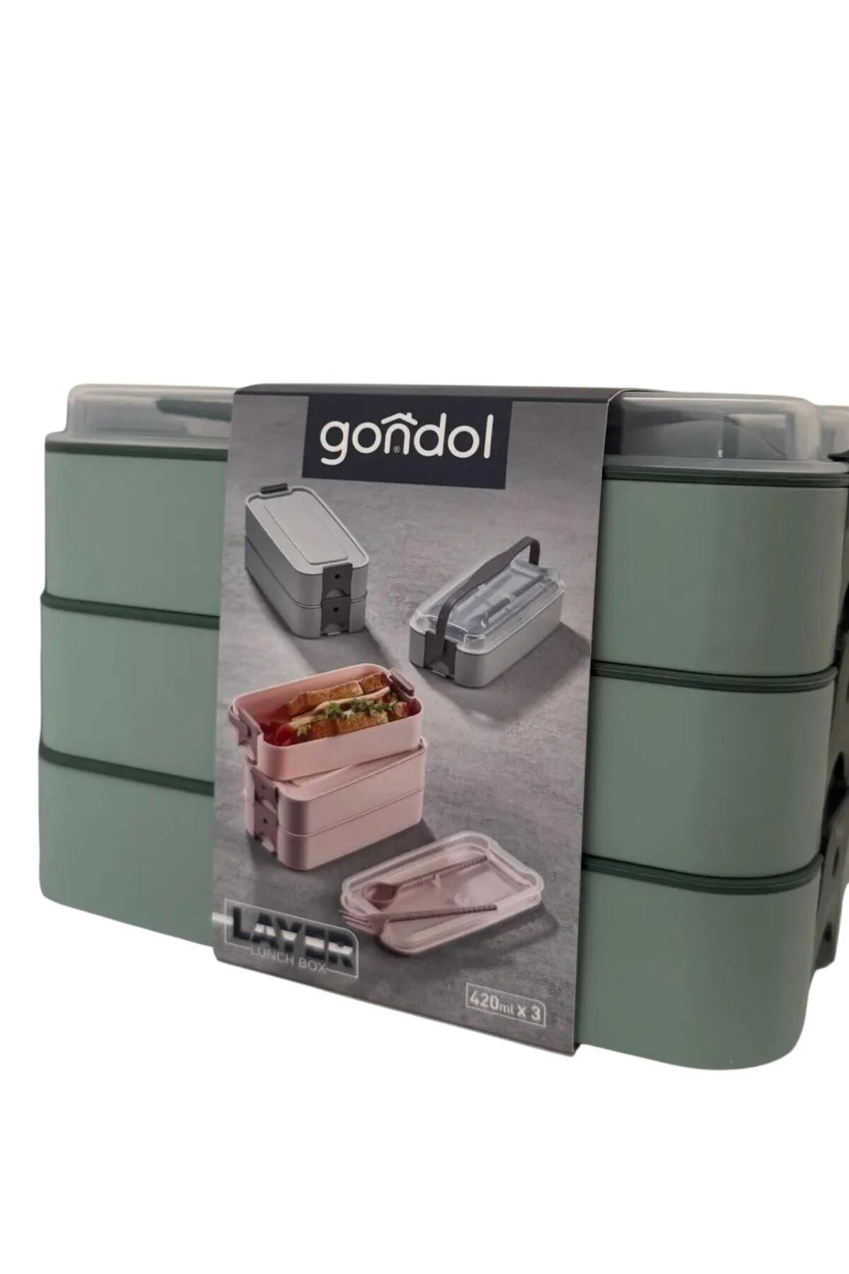 Gondol Layer Lunch Box Kilitli Kat Kat Beslenme Kutusu Çatal Kaşıklı Haki