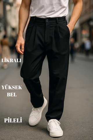 Cedy Denim Yüksek Kalite Erkek Yüksek Bel Pileli Baggy Chino Pantolon C358 Siyah