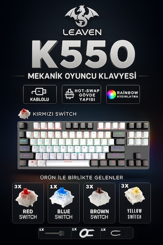 K550 Mekanik Oyuncu Klavyesi -değiştirilebilir Switch- Rainbow Rgb Aydınlatma-87 Tuş - Red Switch