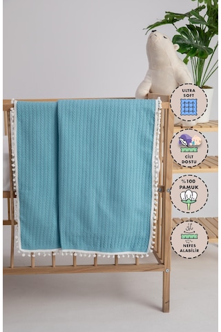%100 Pamuk Cherry Bebek Battaniyesi Pamuklu Pike 100x120 - Turkuaz