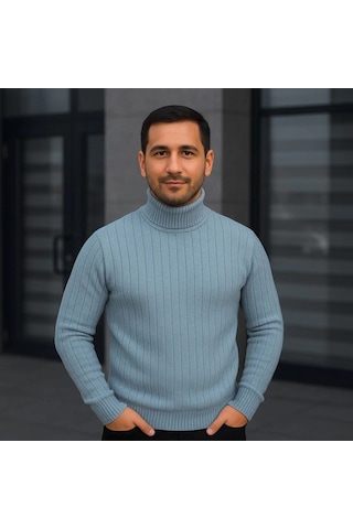 Erkek Balıkcı Yaka Bağazlı Triko Kazak Pamuklu Kalın Fitilli Dokuma, Regular Fit Uzun Kollu Kışlık Model - Bebe Mavisi Mavi