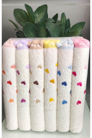Annem 30x50 Cm. Çeyizlik 6'lı Set Kalp Nakışlı Ponponlu Bukle Lüks Havlu Seti Çok Renkli