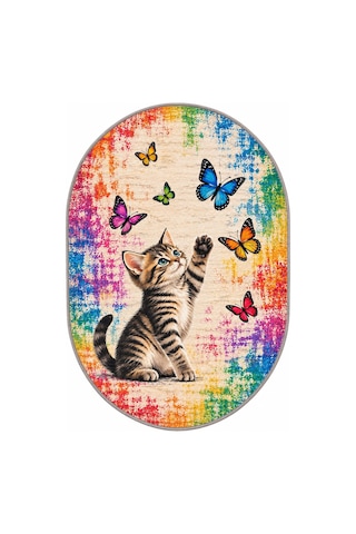 Pati Dostu Kedi Desenli Dijital Baskı Pamuk Dokuma Kaymaz Taban Salon Halısı Ve Çocuk-genç Odası Oval Renkli 923552567 Oval Renkli