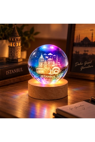Ahşap Tabanlı Led Işıklı Cam Küre Dekoratif Gece Lambası Rgb & Gün Işığı Çok Renkli