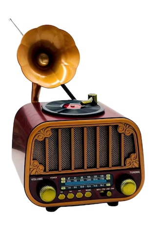 Dexxony Md-1318 Ahşap Tasarım Nostaljik Radyo - Gramofon Dekorlu Şarjlı Bluetooth Hoparlör Seti