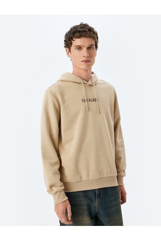 Koton Slogan Baskılı Pamuk Karışımlı Şardonlu Kapşonlu Sweatshirt Bej 5wam70242mk Ekru