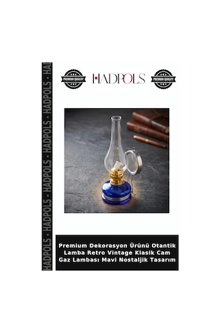 Premium Dekorasyon Ürünü Otantik Lamba Retro Vintage Klasik Cam Gaz Lambası Mavi Nostaljik Tasarım