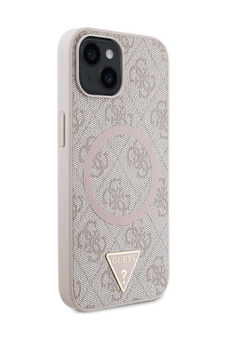 Apple Uyumlu iPhone 14 Kılıf Guess Lisanslı Magsafe Şarj Özellikli Pu Üçgen Logo 4g Desenli Kapak Pembe