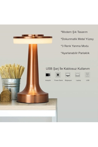 Hymark Retro Şarjlı Dekoratif Dokunmatik Metal Masa Lambası 3 Ren