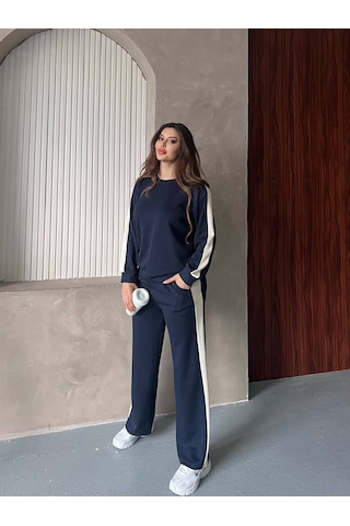 Fonna Fashion Tk-3038 Bayan Eşofman Takım Garnili- Bisiklet Yaka Lacıvert