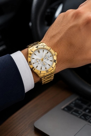 Erkek Gold Renk Metal Kordon Analog Kol Saati Beyaz Kadran Takvim Göstergeli Çok Renkli