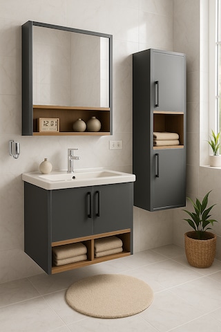 Dmz Home Concept Legna 65 Cm Antrasit Ahşap Mdf Banyo Dolabı Seti Antrasit - Meşe