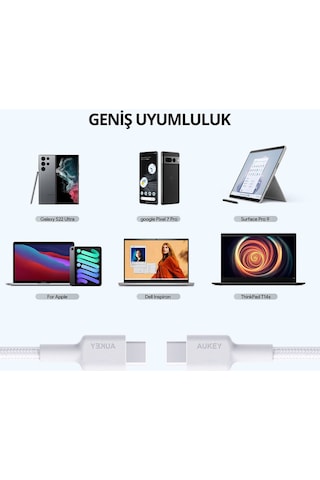 Aukey Cb-cd45-wh Pd Naylon Örgülü Type-c Type-c Şarj Kablosu 0.9m
