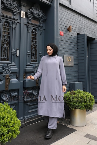 Kadın Gri Aerobin Uzun Kapşonlu İkili Takım T0222 Gri