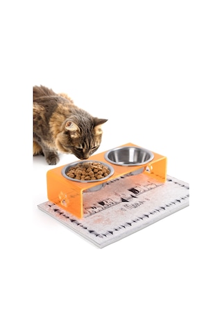 Gobypet 2'li Turuncu Pleksi Dekoratif Kedi Ve Köpek Seramik Mama & Su Kabı + Paspas