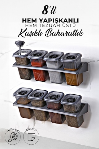 Kitchen Life 8'li Etiketli Standlı Kilitli Kaşıklı Kendinden Yapışkanlı Kare Baharatlık Takımı - Erzak Kabı Seti Siyah