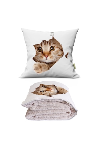 Sevimli Kedi Desenli İç Dolgusu Battaniyeli Araç İçi Opsiyonel Yastık 36x36cm