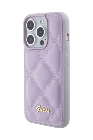 Apple Uyumlu iPhone 15 Pro Kılıf Guess Lisanslı Pu Deri Metal Yazı Logolu Kapitone Kapak